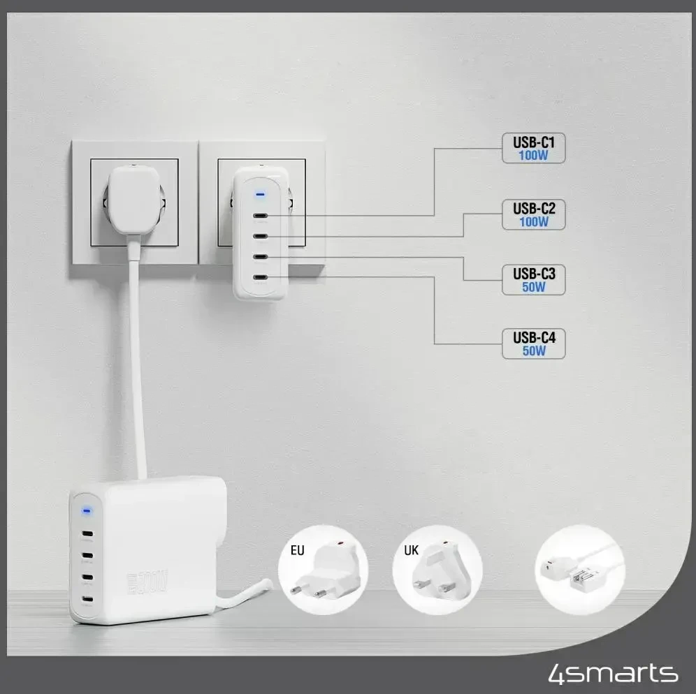 Sieninis įkroviklis 4smarts GaN Flex Pro Travel 200W 4 USB-C baltas