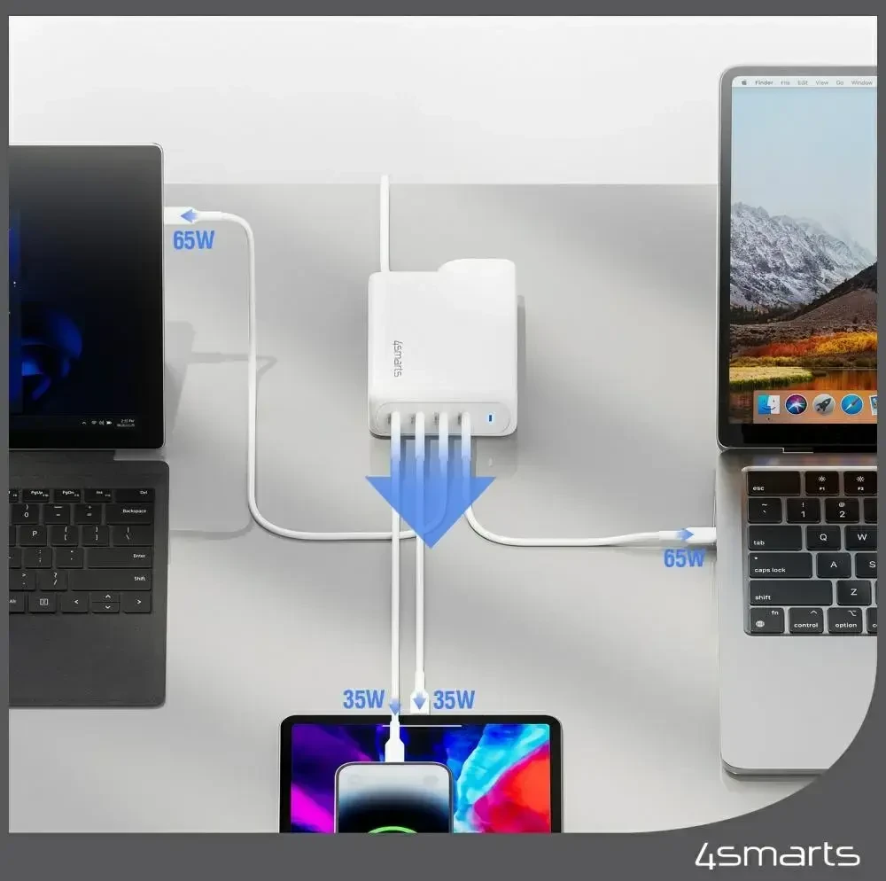 Sieninis įkroviklis 4smarts GaN Flex Pro Travel 200W 4 USB-C baltas