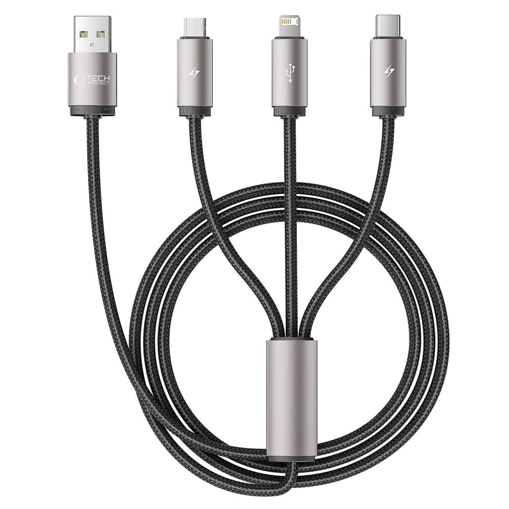 Kabelis 3in1 3.5A 1m USB – USB-C + Lightning + Micro USB Tech-Protect UltraBoost pilkos spalvos