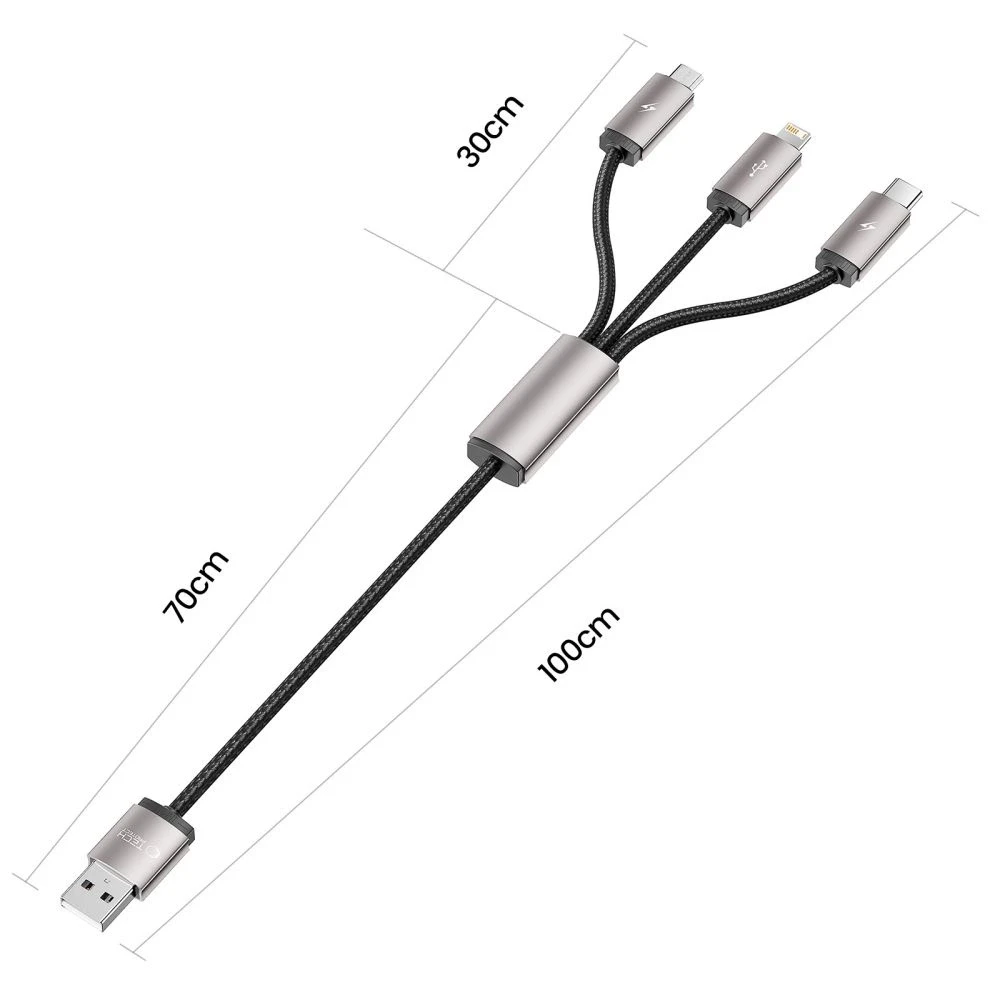 Kabelis 3in1 3.5A 1m USB – USB-C + Lightning + Micro USB Tech-Protect UltraBoost pilkos spalvos