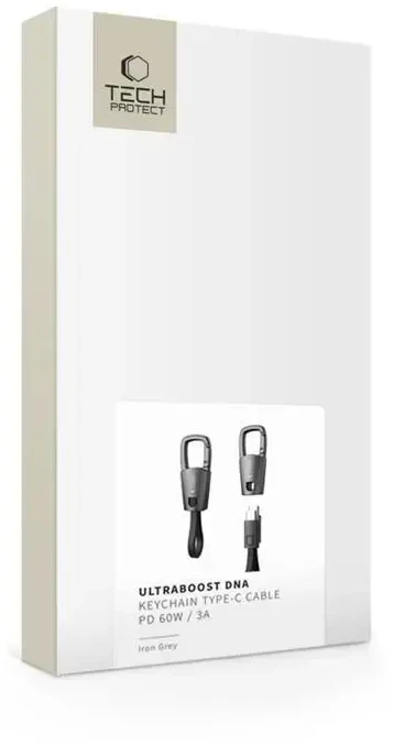 „Tech-Protect Ultraboost DNA“ laidas su raktų pakabuku, USB-C, PD, 60 W / 3 A, pilkos spalvos
