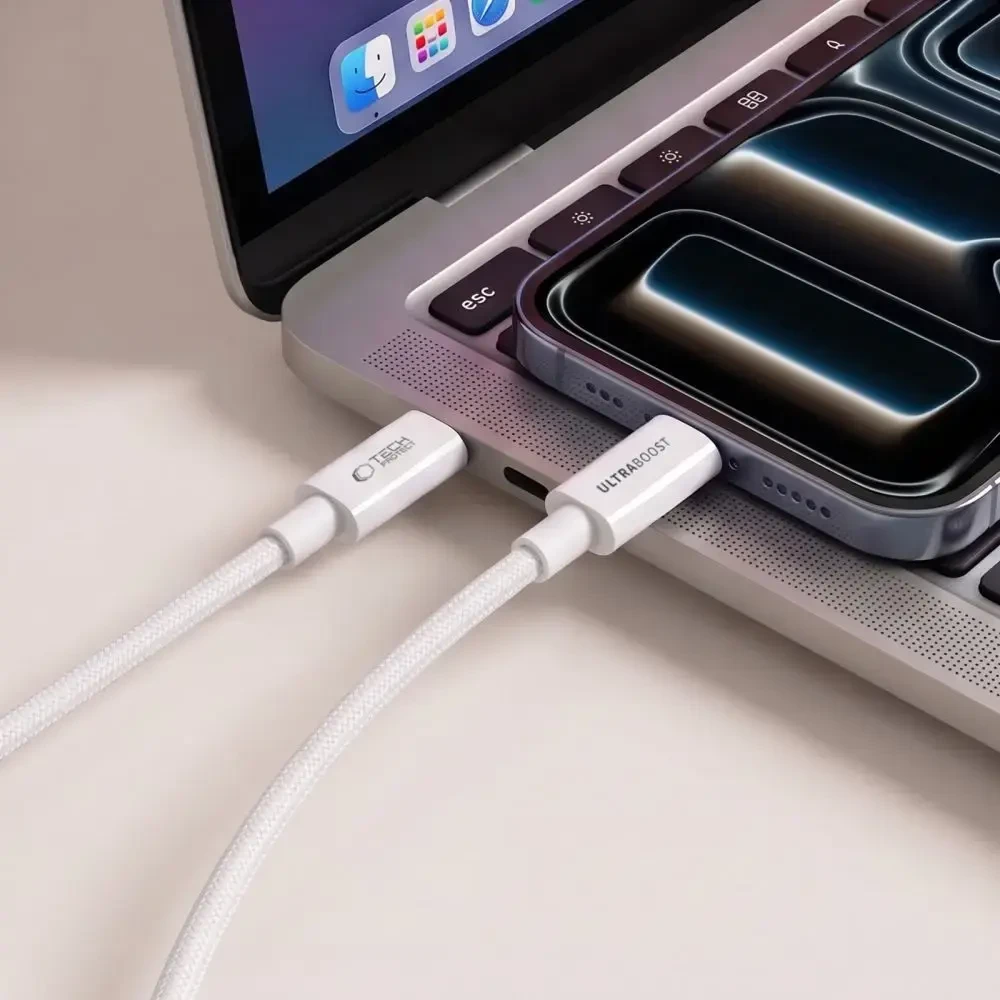 Tech-Protect ULTRABOOST LITE duomenų perdavimo ir įkrovimo kabelis | USB-C į USB-C | PD | 60W | 0,5 m | balta