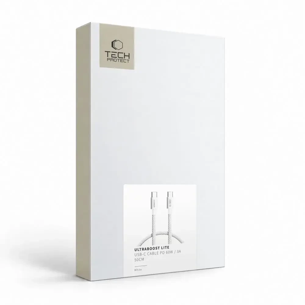 Tech-Protect ULTRABOOST LITE duomenų perdavimo ir įkrovimo kabelis | USB-C į USB-C | PD | 60W | 0,5 m | balta