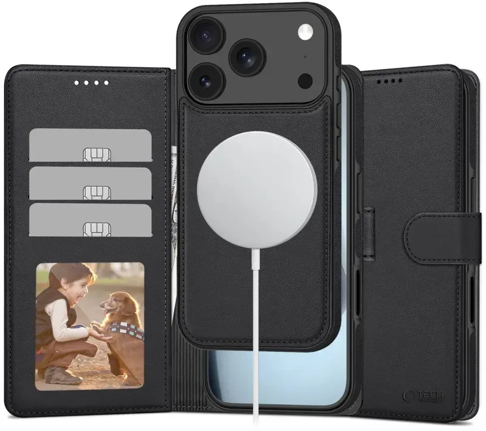 „Tech-Protect“ piniginės formos „MagSafe“ dėklas, skirtas „iPhone 17 Pro Max“ – matinis juodas