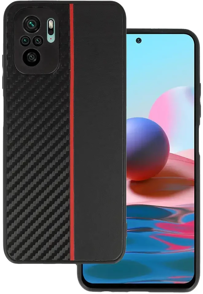 Tel Protect CARBON dėklas skirtas Xiaomi Redmi Note 10/Note 10S/Poco M5S juodos spalvos with red stripe
