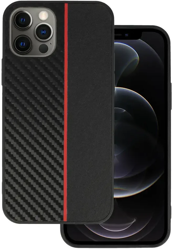 Tel Protect CARBON dėklas skirtas iPhone 12 Pro Max juodos spalvos with red stripe