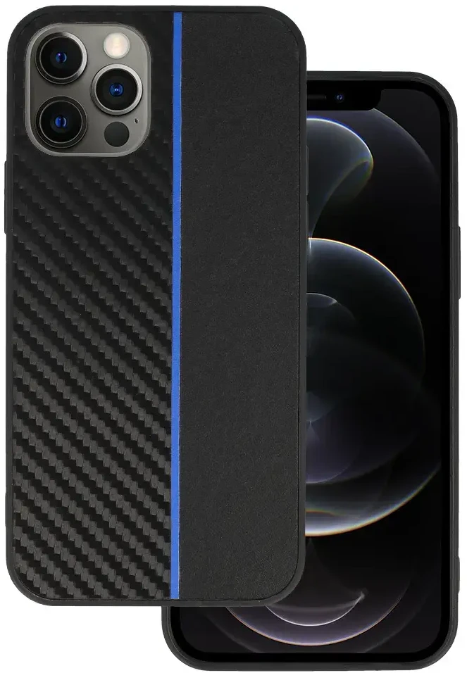 Tel Protect CARBON dėklas skirtas iPhone 12 Pro Max juodos spalvos with mėlynos spalvos stripe
