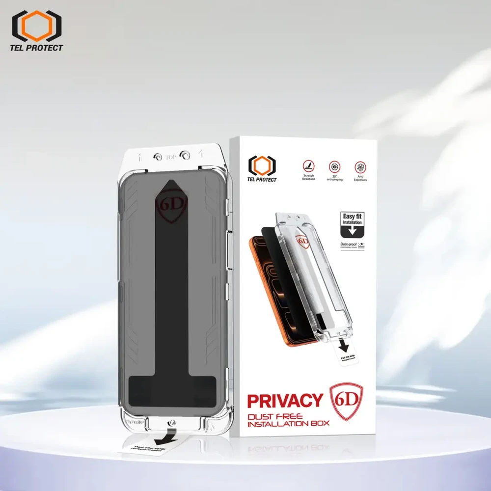 Grūdintas stiklas Tel Protect Dust-Free Easy Fit Privacy Full Glue 6D skirtas Apple iPhone 15 Pro juodas