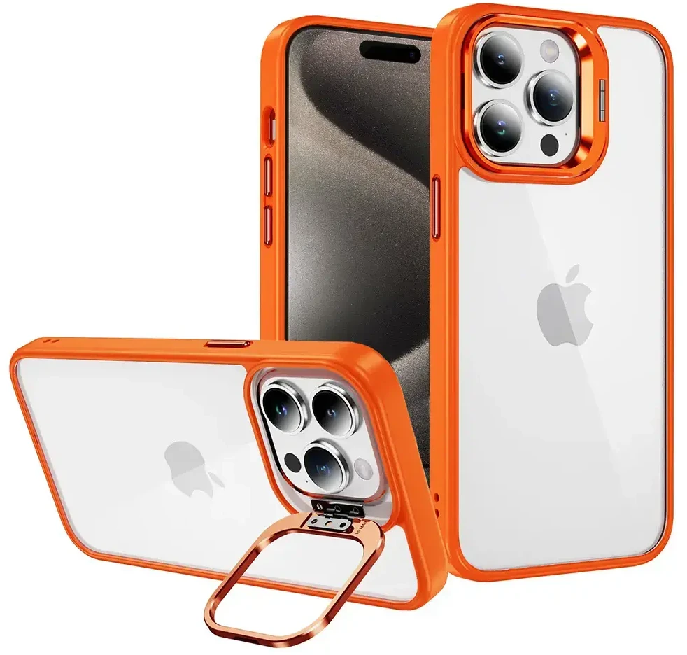 Tel Protect Kickstand dėklas + apsauginis stiklas kamerai (lens) skirtas Apple iPhone 15 Plus oranžinės spalvos