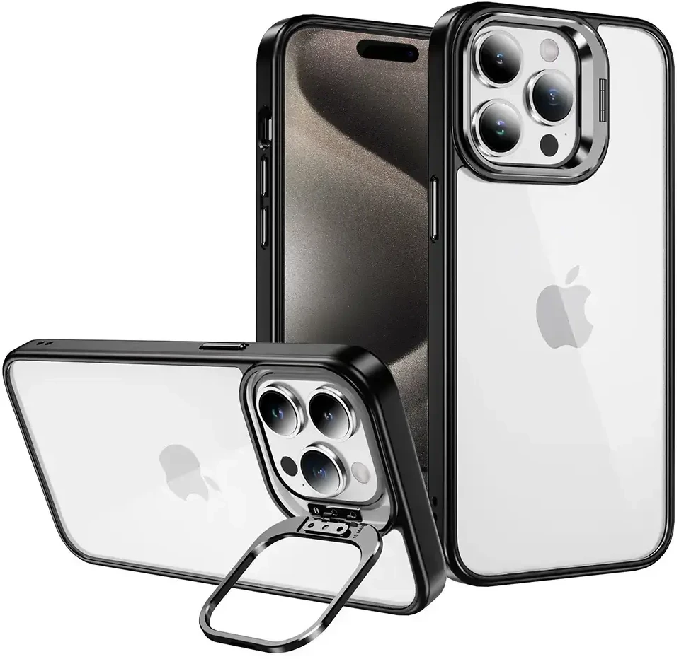 Tel Protect Kickstand dėklas + apsauginis stiklas kamerai (lens) skirtas Apple iPhone 15 Plus juodos spalvos