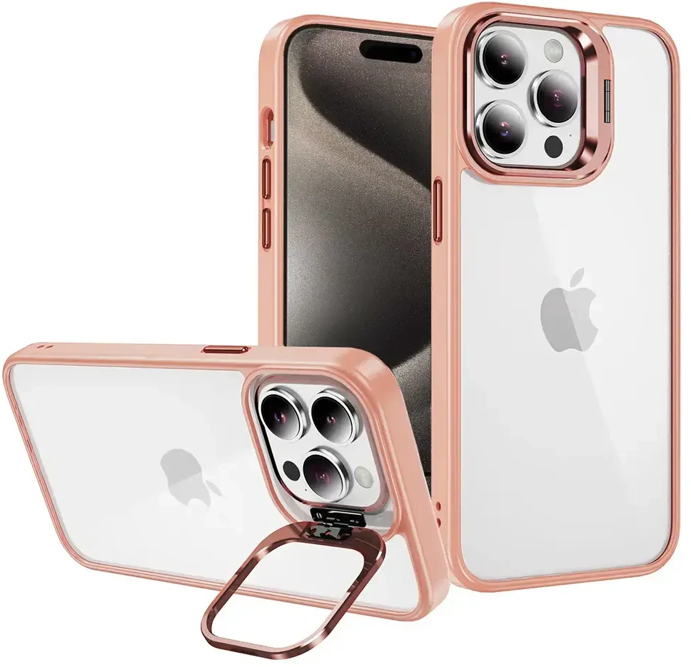 Tel Protect Kickstand dėklas + apsauginis stiklas kamerai (lens) skirtas Apple iPhone 14 Pro Max light rožinės spalvos