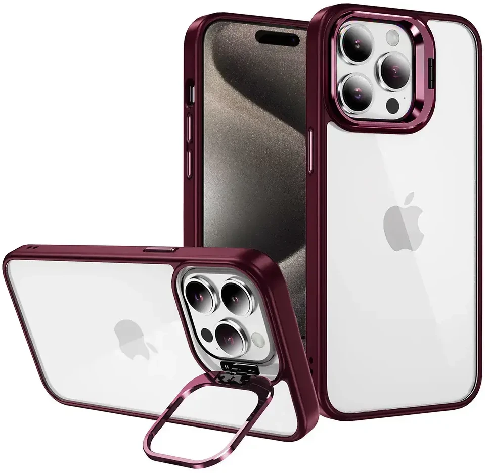 Tel Protect Kickstand dėklas + apsauginis stiklas kamerai (lens) skirtas iPhone 14 Pro burgundy