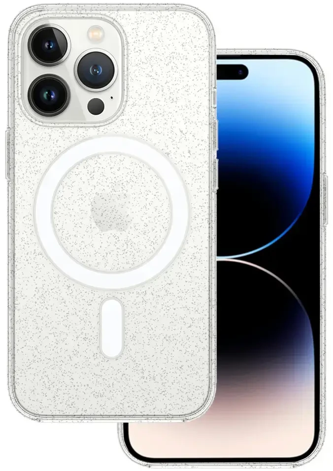 Tel Protect MagSilicone Clear dėklas, skirtas „iPhone 15 Pro Max“, su blizgučiais.