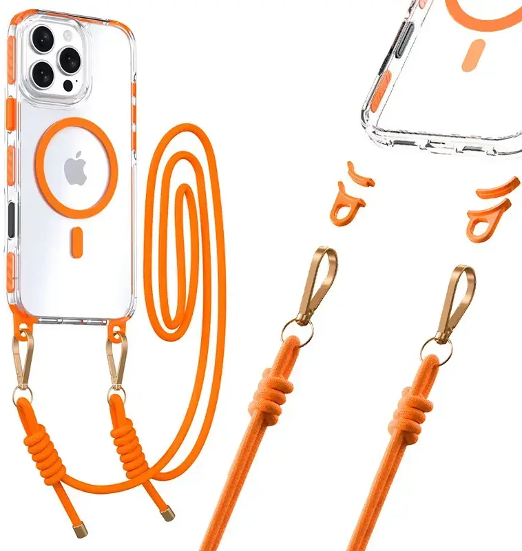 Tel Protect Skaidrus dėklas su virvele skirtas Apple iPhone 15 Pro Max oranžinės spalvos