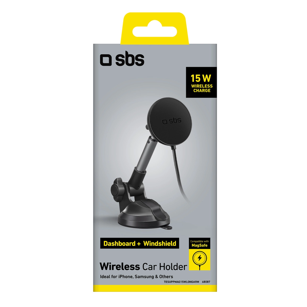 Telescopic telefono laikiklis su belaidžiu įkrovimu SBS TESUPPMAG15WLONGARM with suction cup, compatible with MagSafe - juodas