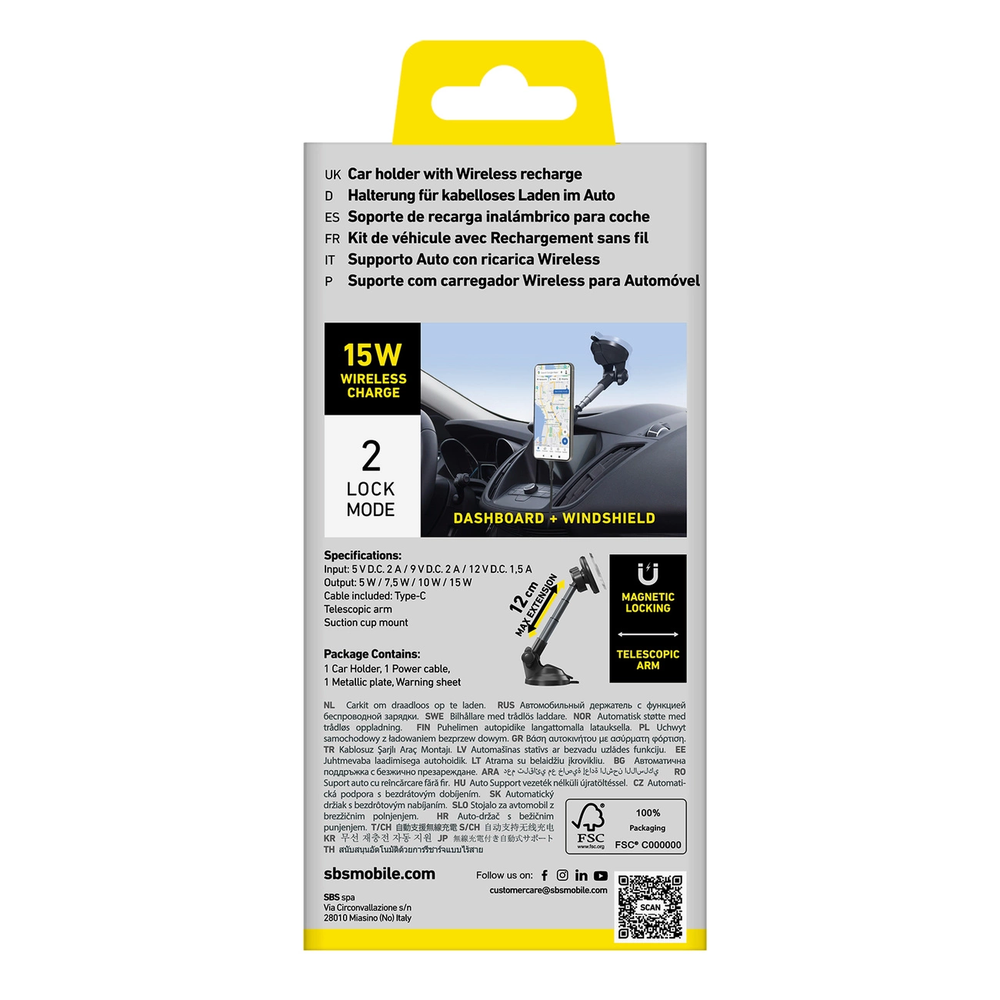 Telescopic telefono laikiklis su belaidžiu įkrovimu SBS TESUPPMAG15WLONGARM with suction cup, compatible with MagSafe - juodas