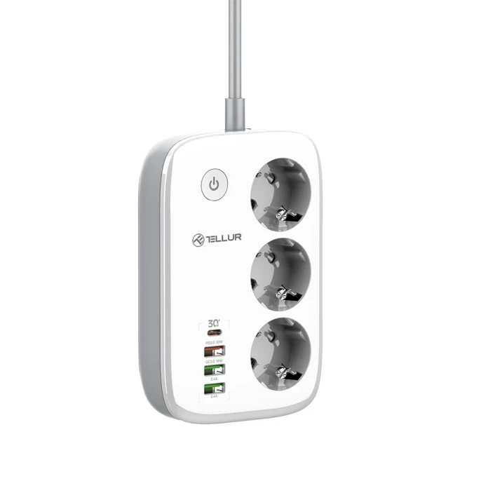 Tellur išmanusis WiFi maitinimo blokas, 3 lizdai, PD30W, QC18W, baltas