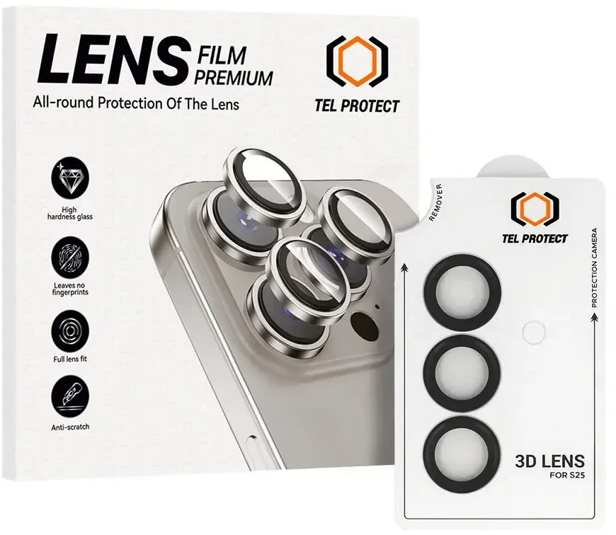 Grūdintas stiklas Tel Protect 3D Lens skirtas Samsung Galaxy S25 juodas (objektyvui 3 vnt)