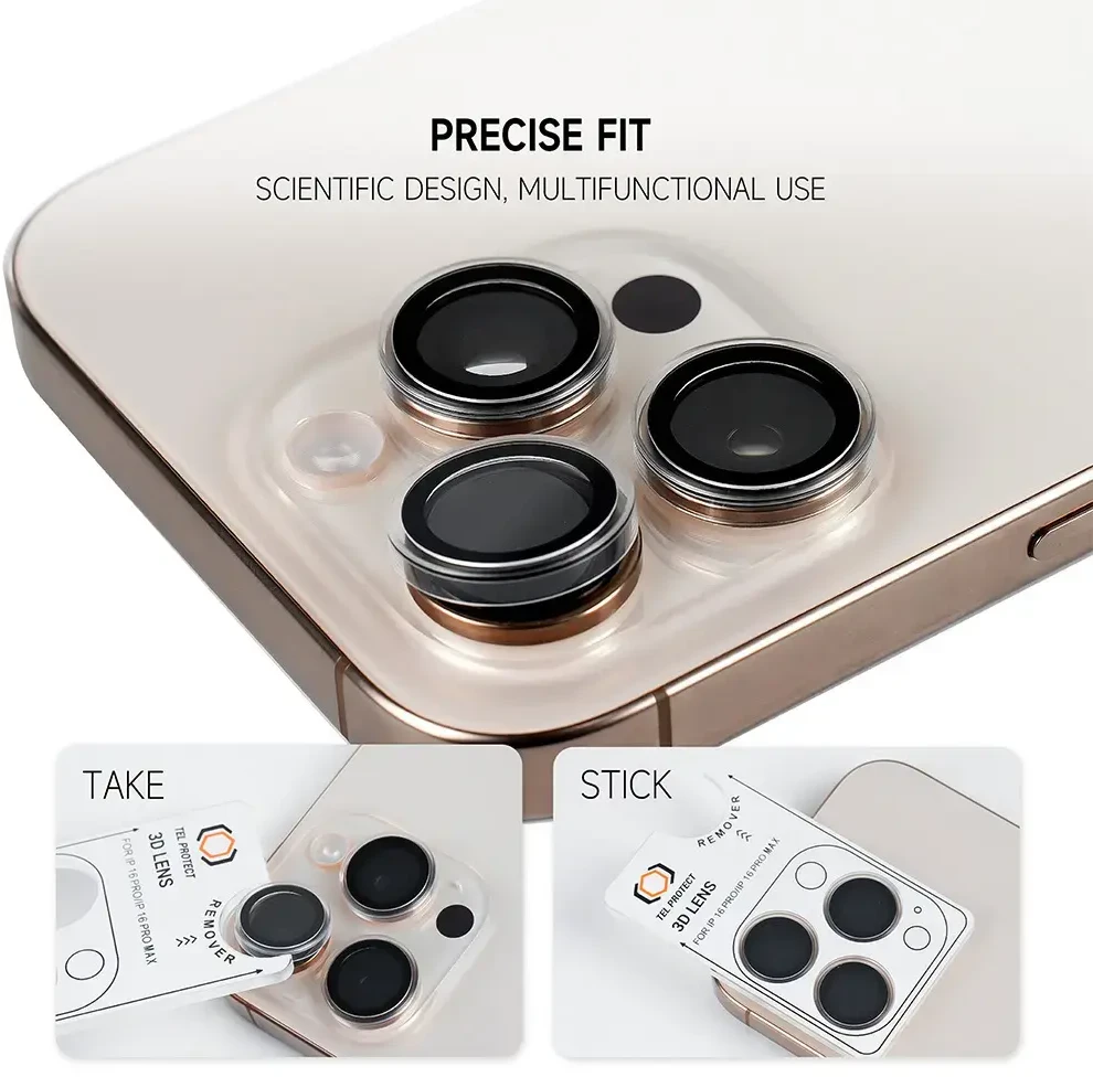 Tel Protect 3D Lens grūdintas stiklas fotoaparatui, skirtas Iphone 18 Pro/18 Pro Max, juodas (3 vnt. objektyvų)