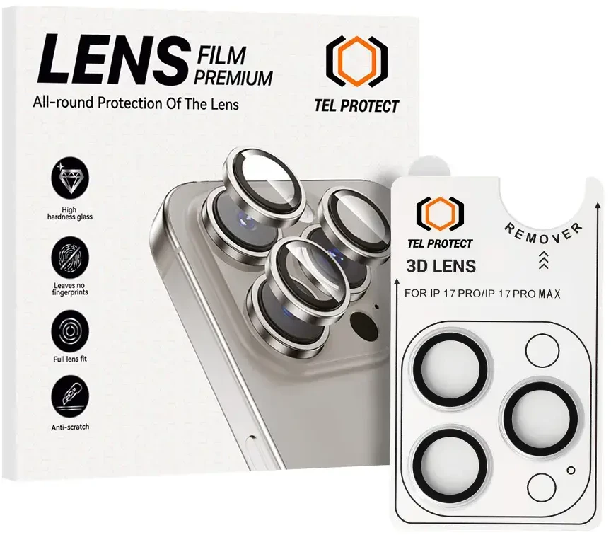 Apsauginis stiklas Tel Protect 3D Lens on camera skirtas Apple iPhone 17 Pro/17 Pro Max sidabrinis (lens 3 pieces)