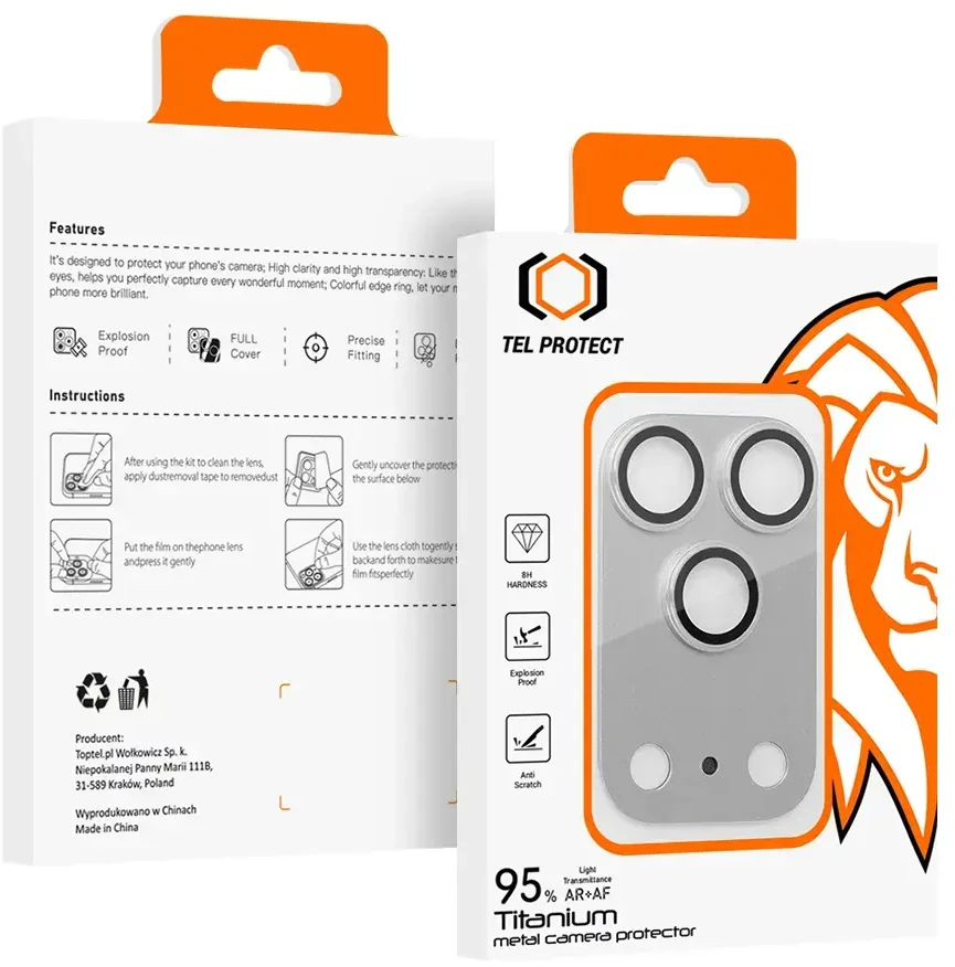 Apsauginis stiklas Tel Protect 95% AR+AF Full Metal Camera Protector on camera skirta Apple iPhone 17 Pro sidabrinis (camera island)