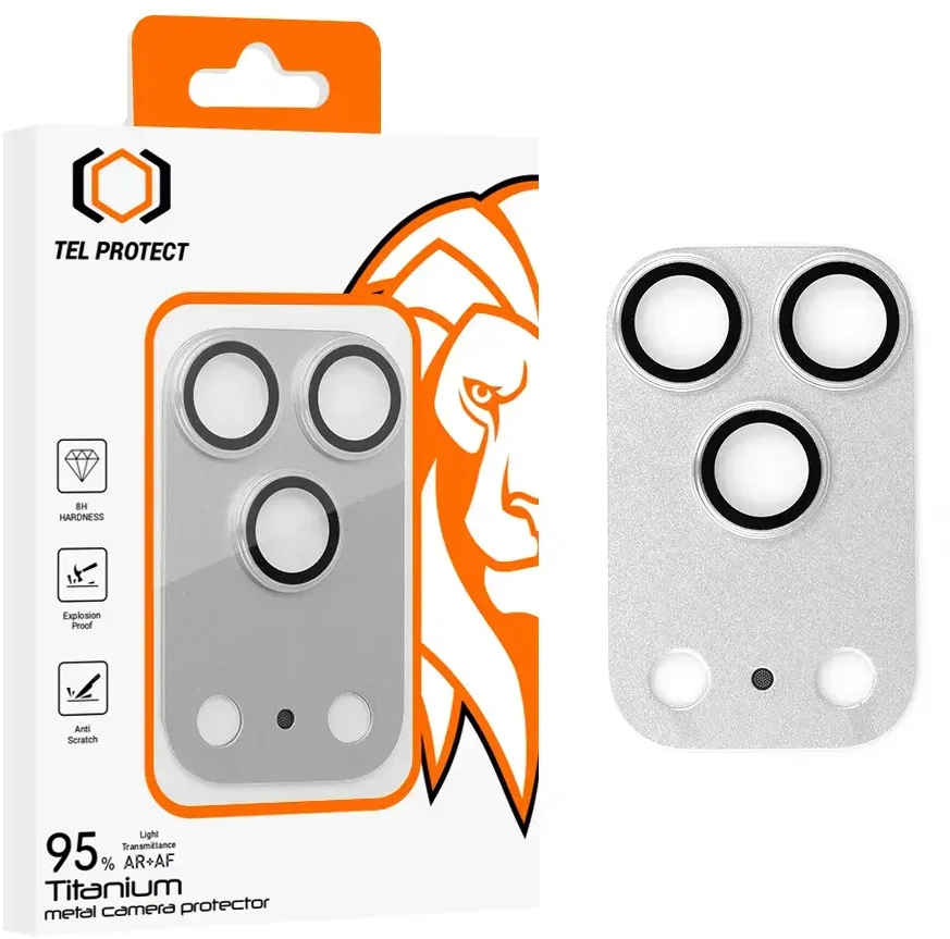 Apsauginis stiklas Tel Protect 95% AR+AF Full Metal Camera Protector on camera skirta Apple iPhone 17 Pro sidabrinis (camera island)