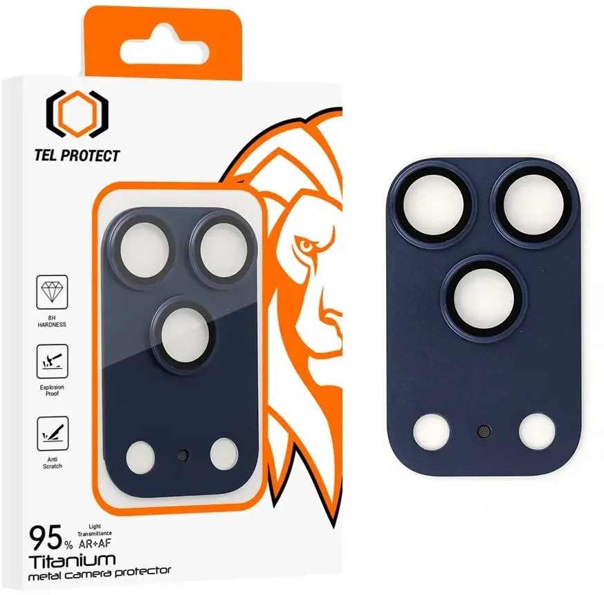 Apsauginis stiklas Tel Protect 95% AR+AF Full Metal Camera Protector on camera skirta iPhone 17 Pro mėlynas (camera island)