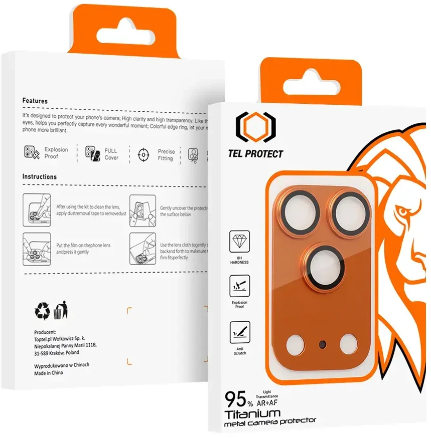 Apsauginis stiklas Tel Protect 95% AR+AF Full Metal Camera Protector on camera skirta Apple iPhone 17 Pro oranžinis (camera island)