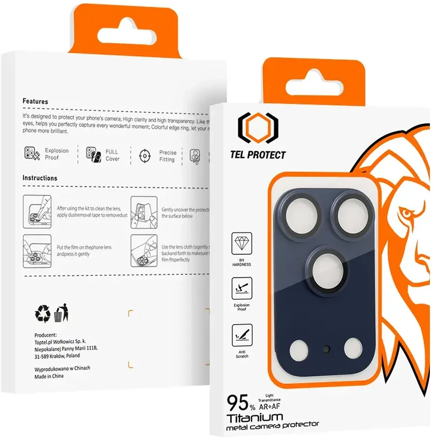 Apsauginis stiklas Tel Protect 95% AR+AF Full Metal Camera Protector on camera skirta iPhone 17 Pro mėlynas (camera island)