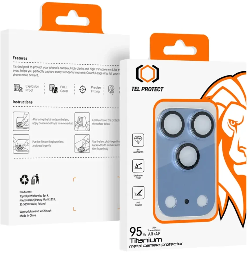 Tel Protect 95% AR+AF Full Metal Camera Protector apsauga kamerai, skirta iPhone 17 Pro, šviesiai mėlyna (blokas)