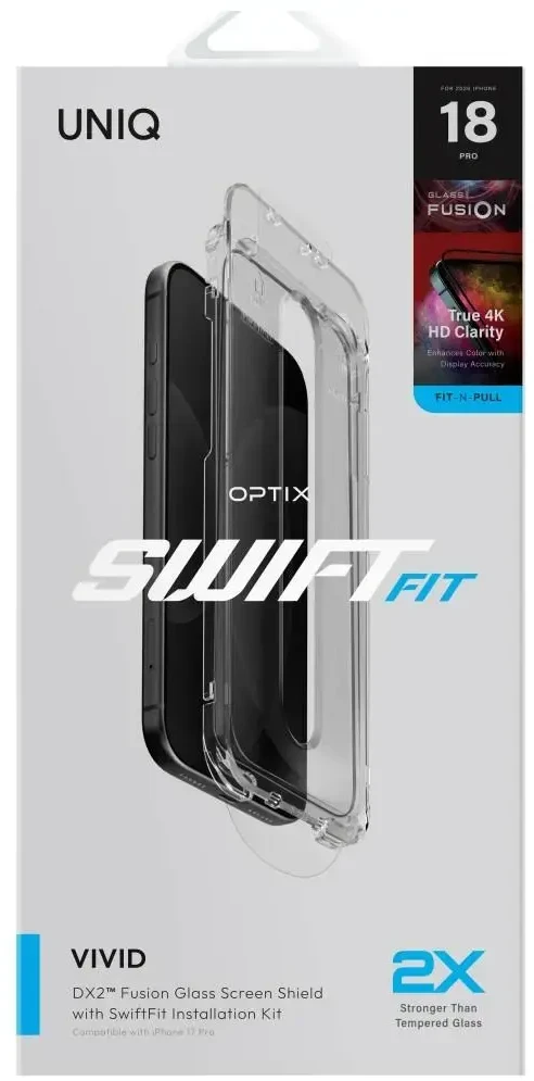 Grūdintas stiklas UNIQ Optix SwiftFit Vivid DX2, skirtas iPhone 18 Pro su aplikatoriumi
