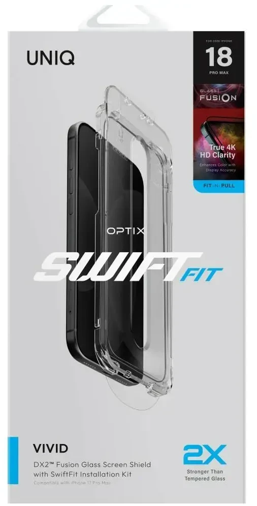 Grūdintas stiklas UNIQ Optix SwiftFit Vivid DX2, skirtas iPhone 18 Pro Max su aplikatoriumi