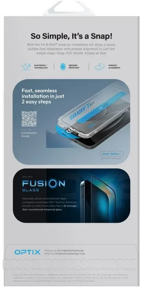 Grūdintas stiklas UNIQ Optix SwiftFit Vivid DX2, skirtas iPhone 18 Pro su aplikatoriumi