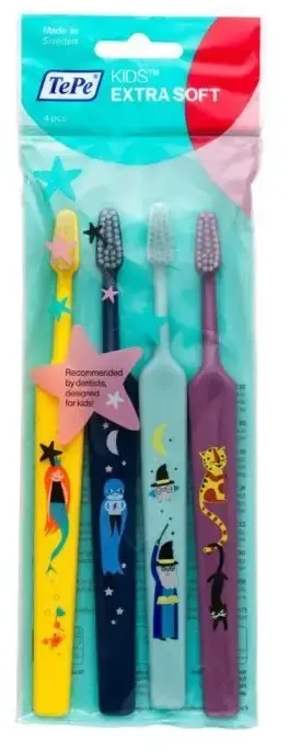 TePe Kids Extra Soft Dantų šepetėlis ypač minkšti dantų šepetėliai vaikams, 4 vnt. (spalva gali skirtis)