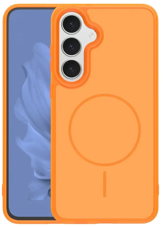 TFO Samsung Galaxy S26 dėklas su plonu, oranžiniu rėmeliu ir magnetuku