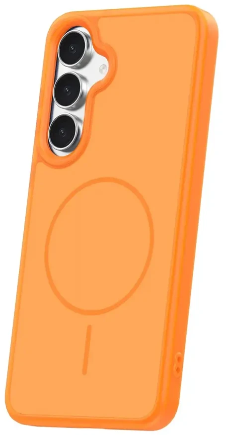 TFO Samsung Galaxy S26 dėklas su plonu, oranžiniu rėmeliu ir magnetuku