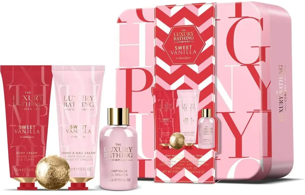 Set The Luxury Bathing Company: Sweet Vanilla & Almond Glaze Moisturizing Hand Kreminis, 50 ml + Sweet Vanilla & Almond Glaze Bath Bomb, 25 g + Sweet Vanilla & Almond Glaze Hydrating & Softening Body Kreminis Daily, 50 ml + Sweet Vanilla & Almond Glaze Cleansin
