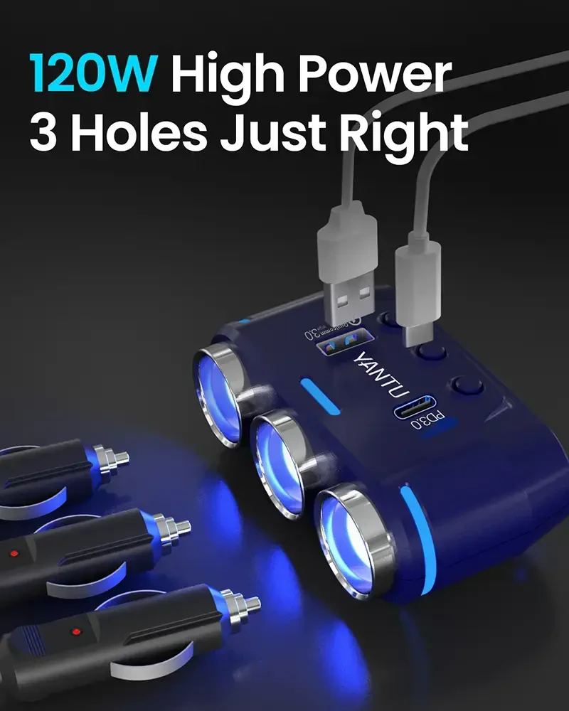 Fusion Accessories Automobilio cigarečių žiebtuvėlio lizdo skirstytuvas B39-C – 3 lizdai + USB + C tipo – QC 3.0 PD 3A 120W su ekranu ir laidu