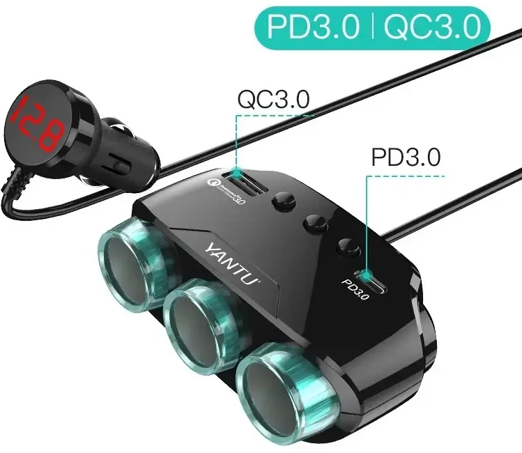 Toptel Automobilio cigarečių žiebtuvėlio lizdo skirstytuvas LM21 – 3 lizdai + USB + C tipo – QC 3.0 PD 3A 122W su ekranu ir laidu