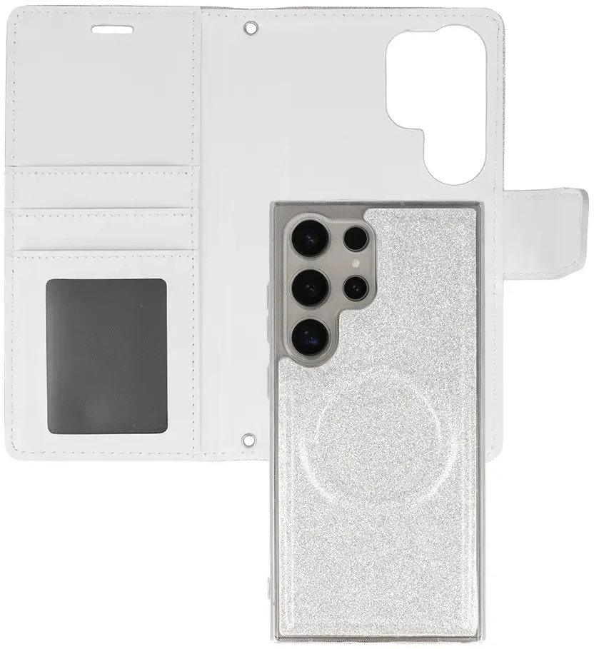 Fusion Accessories Liavec Glitter Magsafe Book dėklas skirtas Samsung Galaxy S24 Plus sidabro spalvos