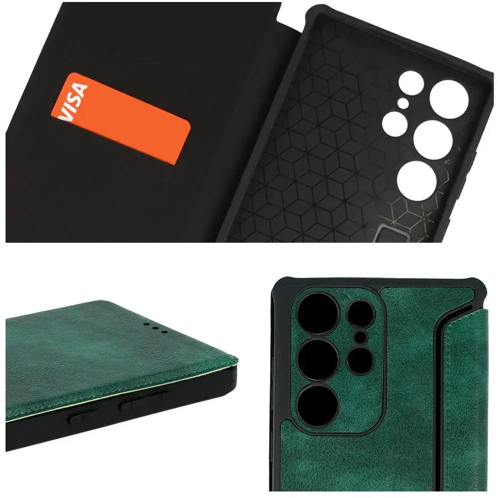 Fusion Accessories Topt Razor Leather Book dėklas skirtas Samsung Galaxy S23 Plus dark žalios spalvos