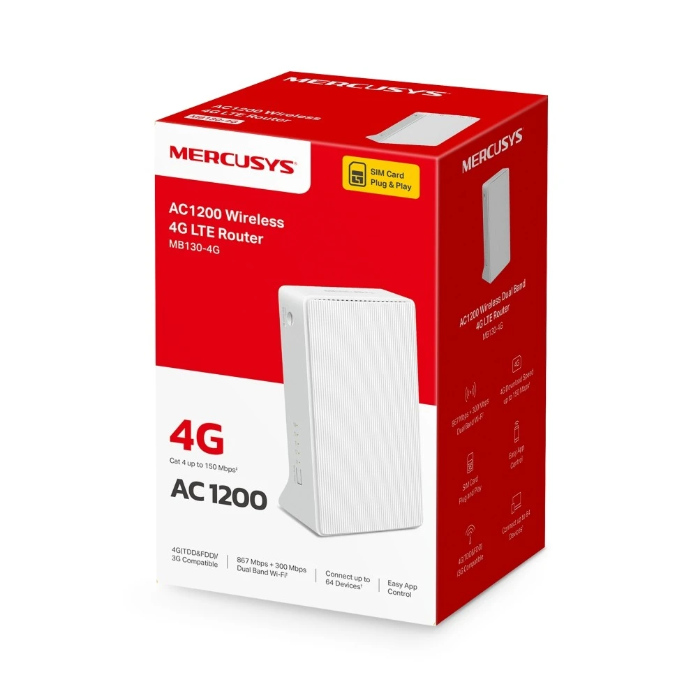 Mercusys | AC1200 Wi-Fi 4G LTE Maršrutizatorius | MB130-4G | 802.11ac | 10/100 Mbit/s | Ethernet LAN (RJ-45) jungtys 2 | Palaikomas tinklelis: Ne | MU-MiMO: Ne | 4G | Antenos tipas: Išorinė