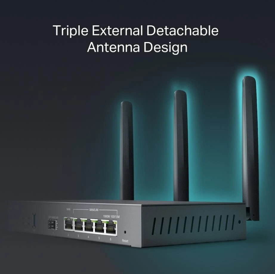 TP-LINK | „SafeStream“ gigabito „Multi-WAN VPN“ maršrutizatorius | ER706W | 802.1q | Ethernet LAN (RJ-45) jungtys 1× gigabito SFP WAN prievadas, 1× gigabito RJ45 WAN prievadas, 2x gigabito RJ45 LAN prievadai 2× gigabito WAN/LAN RJ45 prievadai | Tinklo palaikymas: Taip | MU-MiMO: Taip | 3G/4G per pasirenkamą USB adapterį | 60 mėn.
