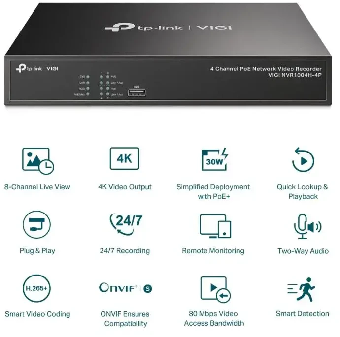 TP-LINK | PoE+ tinklo vaizdo įrašymo įrenginys | VIGI NVR1004H-4P | 1 | 4 kanalas