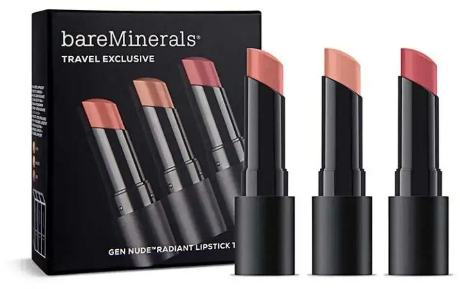 „Bare Minerals“ išskirtinis kelioninis rinkinys „BareMinerals“: „Gen Nude Radiant Cocoa Kreminis“ lūpų dažai „Infatuation“ 3,35 g + „Gen Nude Radiant Cocoa Kreminis“ lūpų dažai „Friendship“ 3,35 g + „Gen Nude Radiant Cocoa Kreminis“ lūpų dažai „Swag“ 3,5 g