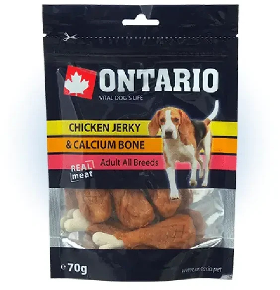 Šunų skanėstai: Ontario vištienos džiovinta jautiena ir kalcio kaulai, 70 g