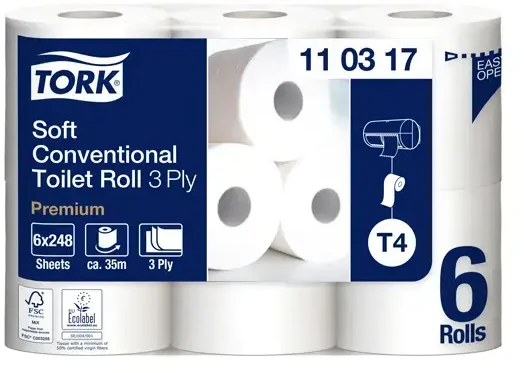 Tualetinis popierius Tork Premium Soft T4 (110317), baltas, 3 sluoksnių, 35 m, 248 lapeliai, 6 rulonai