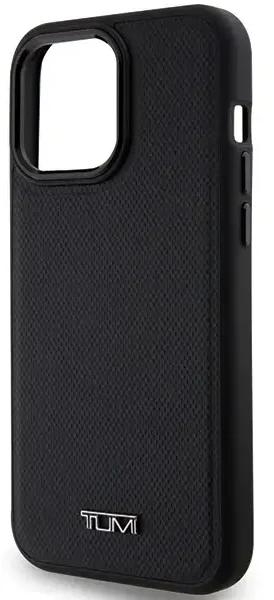 Tumi TUHMP15XRBAK Apple iPhone 15 Pro Max 6.7" juodos spalvos kietas dėklas, odinis balistinio rašto MagSafe dėklas