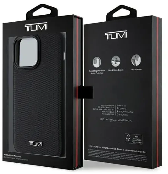 Tumi TUHMP15XRBAK Apple iPhone 15 Pro Max 6.7" juodos spalvos kietas dėklas, odinis balistinio rašto MagSafe dėklas