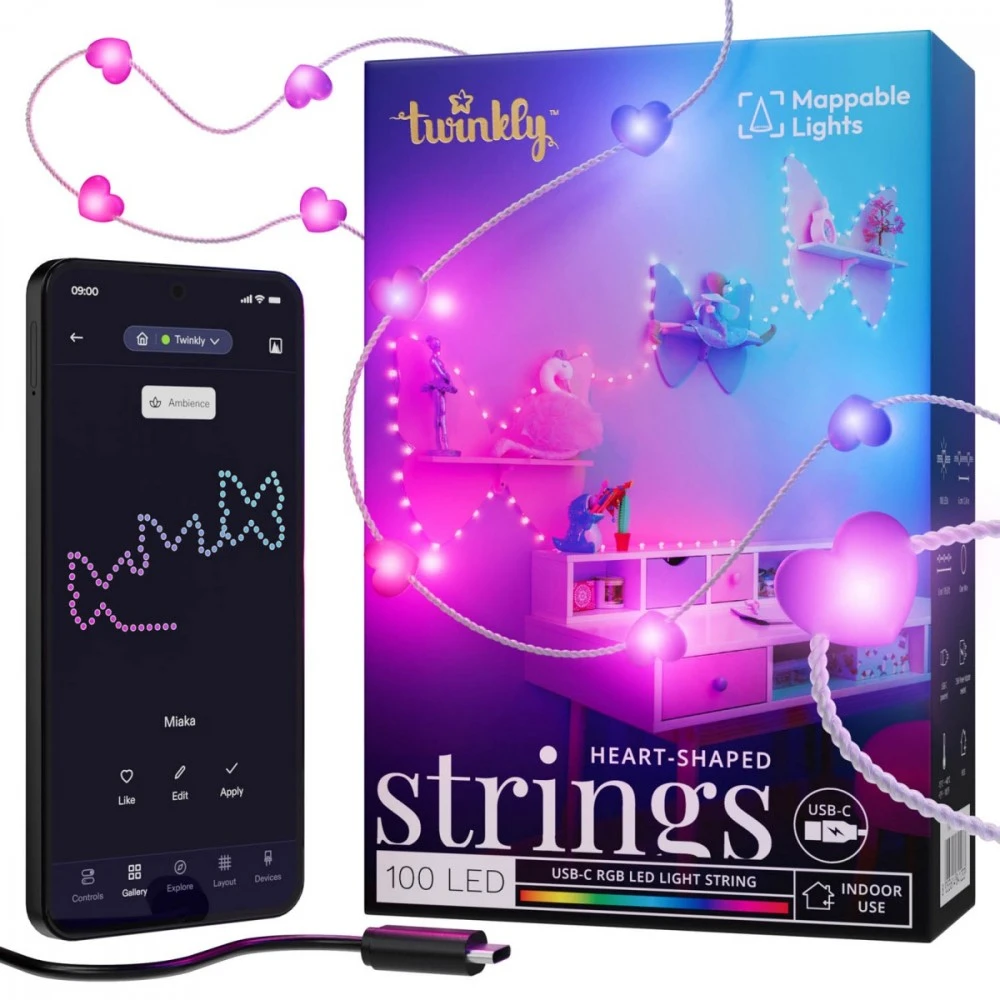 „Twinkly Candies“ 100 širdies formos RGB šviesos diodų, skaidrus laidas, USB-C